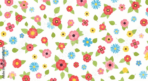 A cheerful seamless pattern with vibrant cartoon flowers and fresh green leaves scattered across a clean white background, perfect for spring and summer.