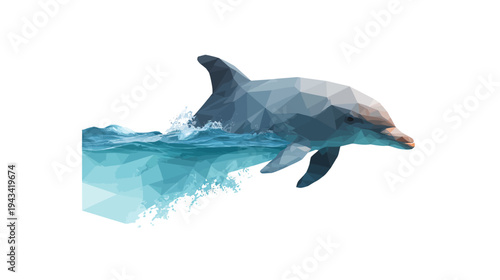 Low-poly illustration of a dolphin leaping from the ocean with water splashing on a bright background