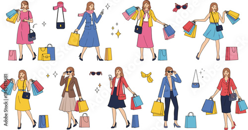 Fashionable women shopping lifestyle flat vector illustration set with stylish female characters carrying shopping bags modern outfits and retail fashion scenes isolated design.