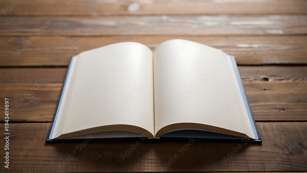 Fototapeta premium Open Blank Book with Empty Pages on Rustic Wooden Table, Ready for Text or Storytelling, Symbolizing Knowledge and Education