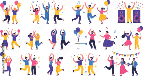 Party celebration dancing people flat vector illustration set with happy friends balloons music confetti festival dance poses and joyful event scenes isolated design.