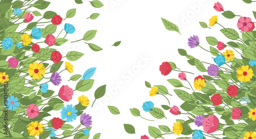 A beautiful illustration of colorful spring flowers and green leaves creating a vibrant border on a clean white background, perfect for cheerful designs.