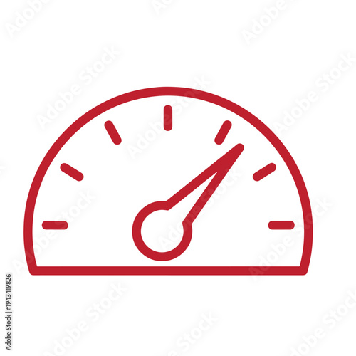 red speedometer gauge icon with needle on white background