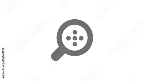 Gray magnifying glass icon with five centered dots against a white background