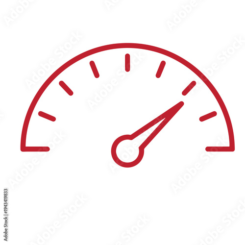red speedometer gauge icon with needle and markings on white background