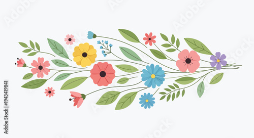 A vibrant, beautifully illustrated floral border featuring a delicate arrangement of colorful blossoms and lush green leaves, perfect for spring designs and elegant decorative elements.