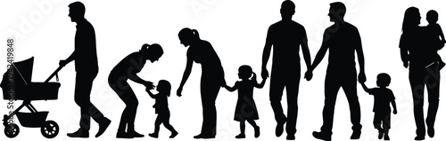 Black silhouettes of families walking with baby stroller, parents holding hands with children, and mothers caring for infants and toddlers.