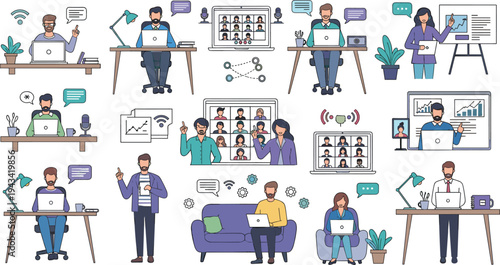 Remote work and online video conference flat vector illustration set with people using laptops virtual meeting home office communication scenes isolated design.