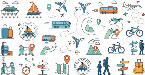 Travel and tourism transportation flat vector icon set with airplane ship bicycle map location pin luggage adventure trip elements isolated design.