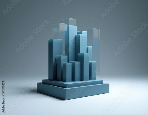 Abstract 3D bar chart sculpture in matte navy clay with translucent acrylic bars. Dramatic shadow lighting creates moody brutalist composition on white gradient backdrop. Minimalist data
