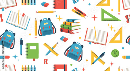 Back to school seamless pattern flat vector illustration with backpack books pencils rulers notebooks and colorful education supplies elements repeated background design.
