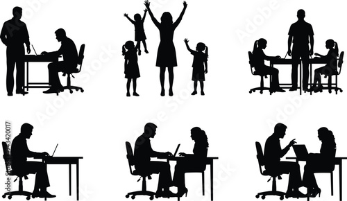 Set of silhouettes including business people working on laptops at desks and a mother playing with her happy children vector illustration