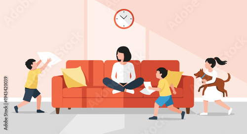 Exhausted mother sitting on sofa while energetic children play and run around with pet dog in messy living room vector illustration