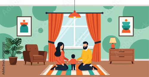 Happy young parents sitting on a rug playing with their small baby in a cozy modern living room vector flat illustration