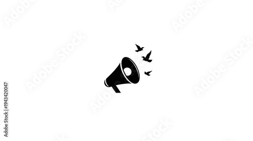 A simple graphic of a megaphone with birds flying out. White background. Black shapes