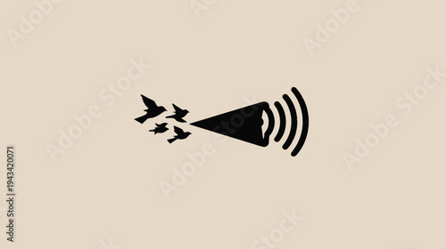 A monochrome illustration depicting birds emerging from a megaphone's output on a neutral beige background