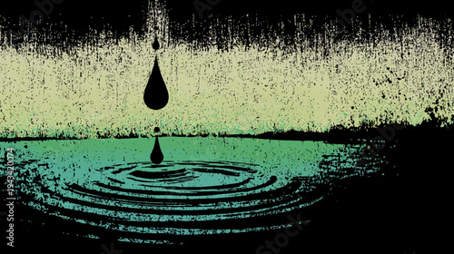 Artistic depiction of water droplets impacting a body of water, creating ripples