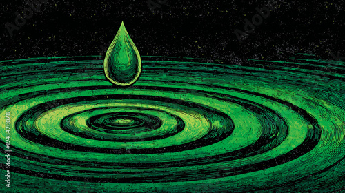 Illustration of a green water drop creating ripples in a pond, with a dark, textured background