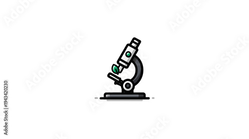 A stylized illustration of a microscope with a leaf on the stage, in a flat design style