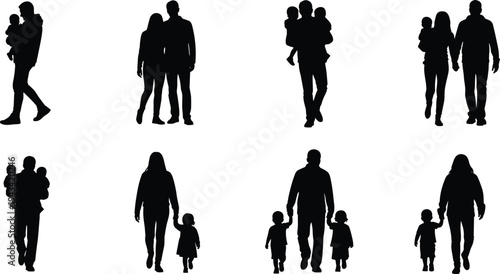 Set of black silhouettes showing various family compositions including parents walking with children, holding hands, and carrying babies on shoulders
