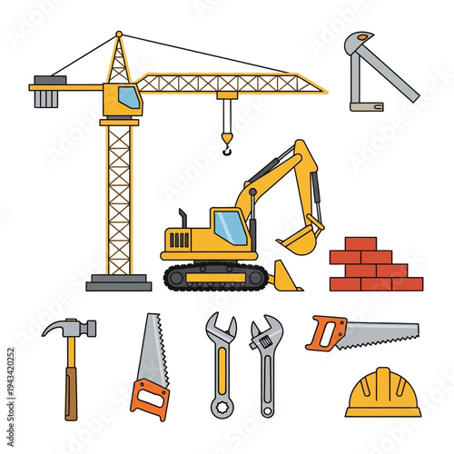 Construction site equipment and tools: crane, excavator, bricks, hammer, saws, wrenches, hard hat