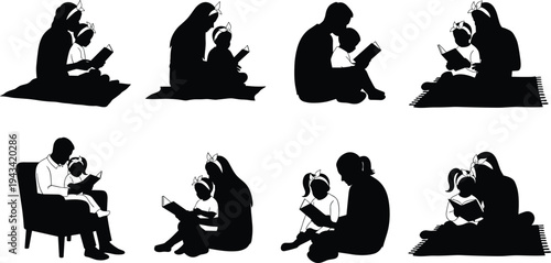 Black silhouette collection of parents and children reading books together while sitting on the floor and in chairs for early education