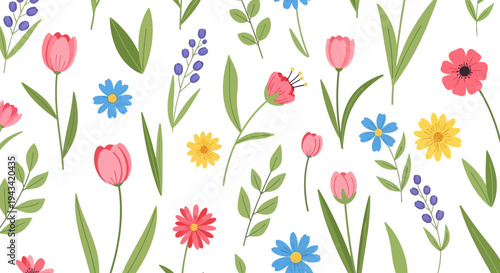 A vibrant, seamless pattern showcases a beautiful array of colorful spring flowers and fresh green leaves, perfect for cheerful backgrounds and decorative designs.