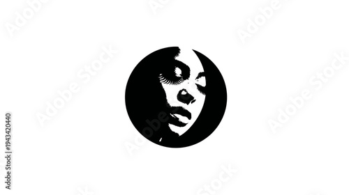 A striking black and white circular graphic featuring a portrait of a woman