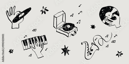 Hand drawn whimsical music and party sketch collection. Vintage doodles in simple crayon style. Grunge musical instruments and symbols. Chalk vector illustration