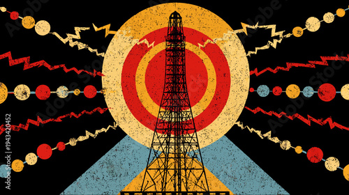 Retro-styled image of a telecommunications tower radiating energy and linked to orbs
