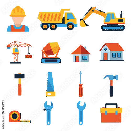 Construction Icons: Tools, Vehicles, and Houses - Flat Design Set