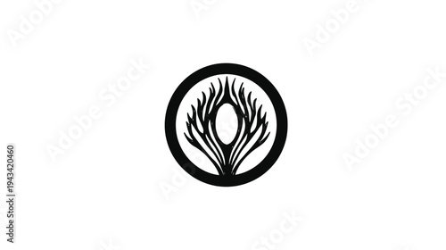 A symmetrical black logo, encircled, displays stylized leafy elements. Features oval center and outer ring