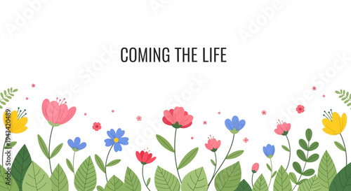 A vibrant illustration of colorful spring flowers and lush green leaves blooming along the bottom edge, symbolizing new beginnings and natural beauty.