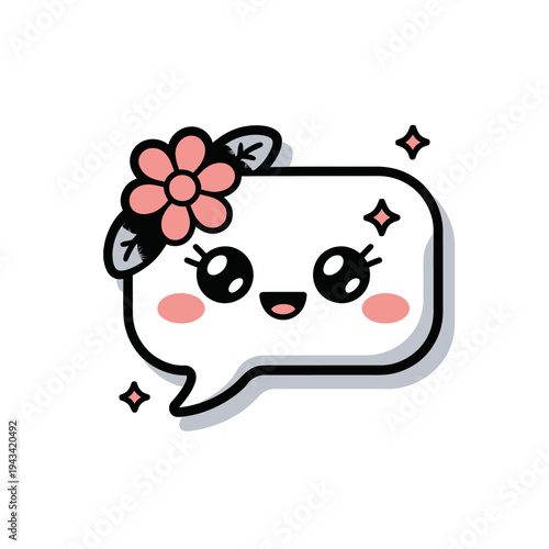A kawaii-style speech bubble features a smiling face with large eyes and rosy cheeks.