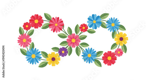 A vibrant floral infinity symbol, beautifully crafted from colorful blossoms and green leaves, elegantly signifies endless possibilities and continuous growth.