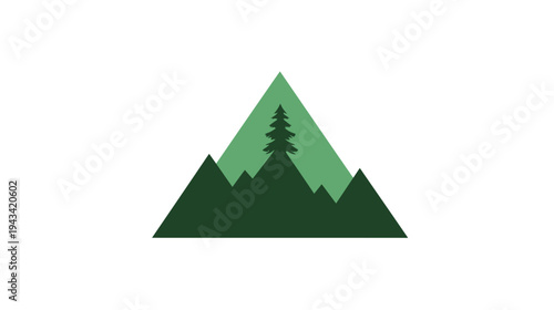 A minimalistic depiction of mountains and a tree within a triangle. Natural colors