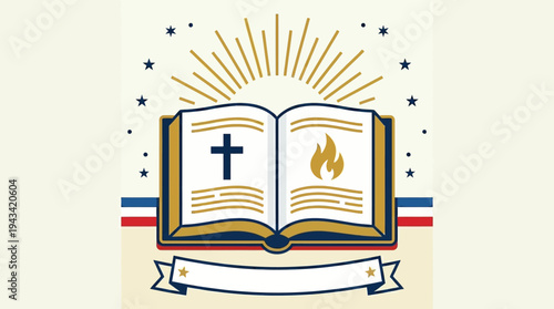 Open Holy Bible with Cross and Flame Symbols, Representing Faith, Spirituality, and Divine Guidance