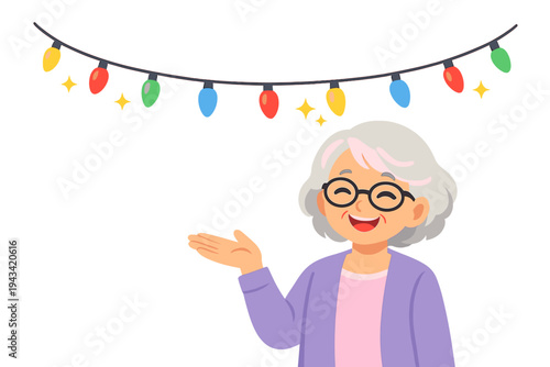 An elderly woman wearing glasses smiles and waves her hand over the holiday lights