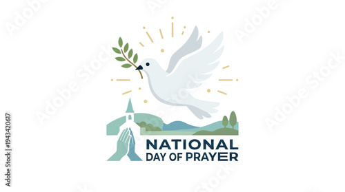 National Day of Prayer Celebration with Dove, Olive Branch, and Church Illustration Symbolizing Peace and Faith