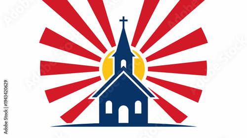 Illustrative depiction of a church building with a radiant sunburst background, symbolizing faith and community