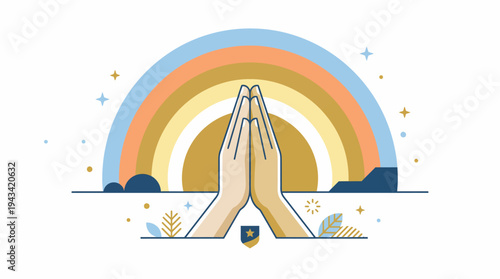 A rainbow arching over praying hands symbolizes hope, unity, and spiritual connection in a stylized, minimalist illustration