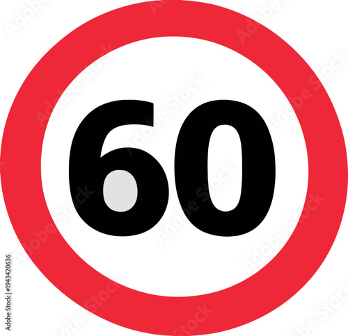 A vector illustration of a generic road speed limit sign showing the number 60 in black inside a red circle