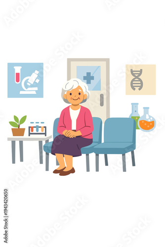 A smiling elderly woman sits in the waiting room of a clinic or analysis laboratory