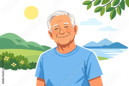 A cheerful, positive, mature Caucasian senior man aged 60‑65 smiles against a natural backdrop, reflecting good mood, age‑related changes, mental health, and enjoyment of nature in his golden years