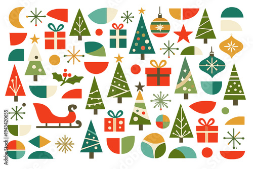 A Mid-Century Modern Christmas pattern with retro geometric shapes and festive colors