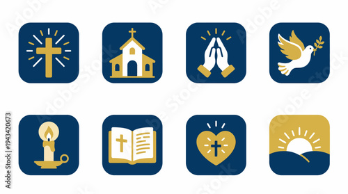 Set of religious icons representing faith, prayer, and spirituality with symbols like crosses, churches, doves, and open books, suitable for various designs