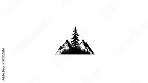 A monochrome illustration of a mountain scene, featuring peaks, trees, and dense foliage