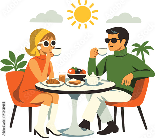 A retro 1960s style couple enjoys breakfast outdoors