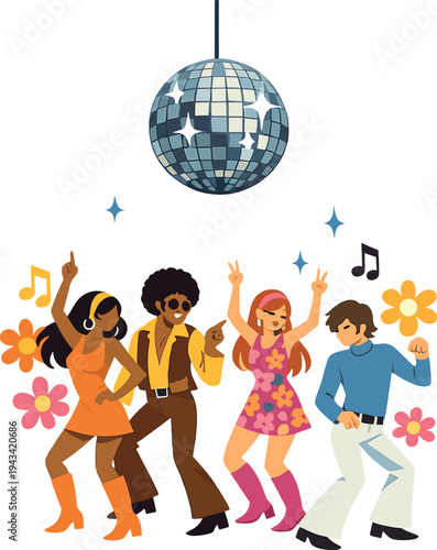 A groovy 1960s dance party beneath a sparkling disco ball