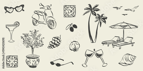 Hand drawn whimsical summer sketch collection. Italian doodles in simple crayon style. Vintage holiday and vacation scene and symbols. Mediterranean Amalfi vector illustration